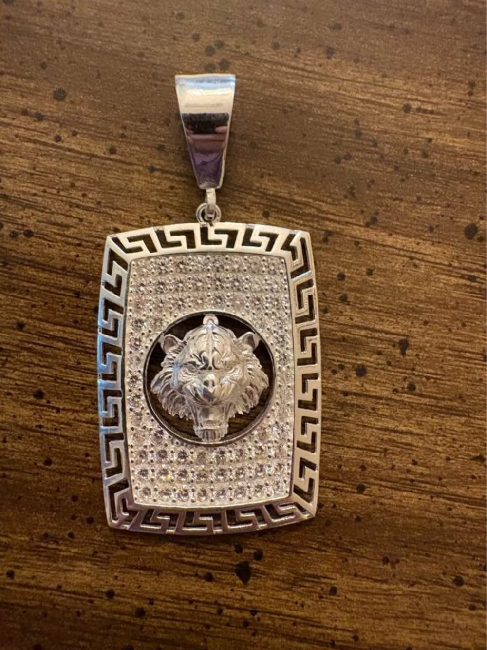 925 Sterling Silver Tiger Head Greek Key CZ Pendant
